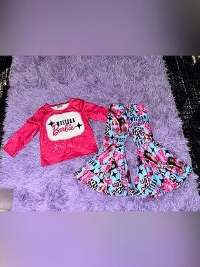 Barbie Pink Top with Blue Printed Bell-Bottoms
